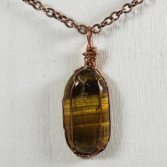 Handcrafted Tiger's Eye Pendant Necklace with Copper Wire Wrap Gemstone - Picture 1 of 3